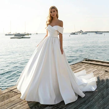 2023 Elegantiška Balto Satino Vestuvių Suknelės Moterims-Line Nėrinių Nuo Peties Teismas Traukinio Vestuvinės Suknelės Vestido De Novia Skraiste
