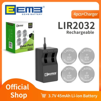 EEMB 4PCS LIR2032 Įkraunama Baterija Su Krovikliu 2032), 3,7 V Įkrovimo Baterija (akumuliatorius 45mAh Ličio Ląstelių Monetų Baterijomis