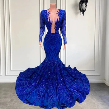 Royal Blue Promenadzie Suknelė V Kaklo Undinė Blizga Blizgučiai Vakaro Suknelės 2023 Afrikos Amerikos Šalis Suknelė Vasaros Vestidos De Fies