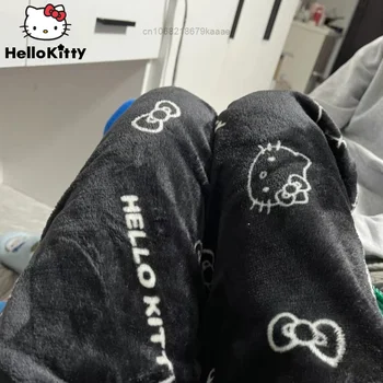 Sanrio Hello Kitty Naujas Stilius Flanelė Pižama Kelnės Juoda Moterų Minkštas Pliušinis Kelnės Y2k Drabužius Kawaii Moterų Laisvalaikio Namuose Kelnės